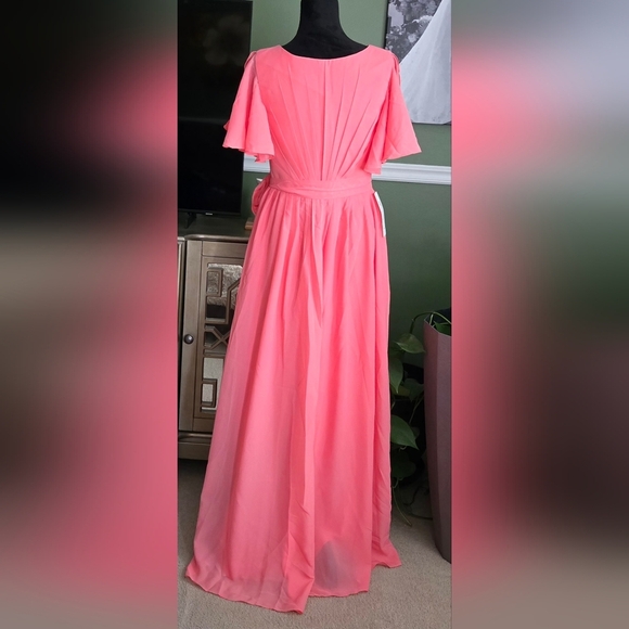 Raseal Flutter Sleeve Chiffon Bridesmaid Dress with Pockets In CORAL #1013 - Picture 3 of 7